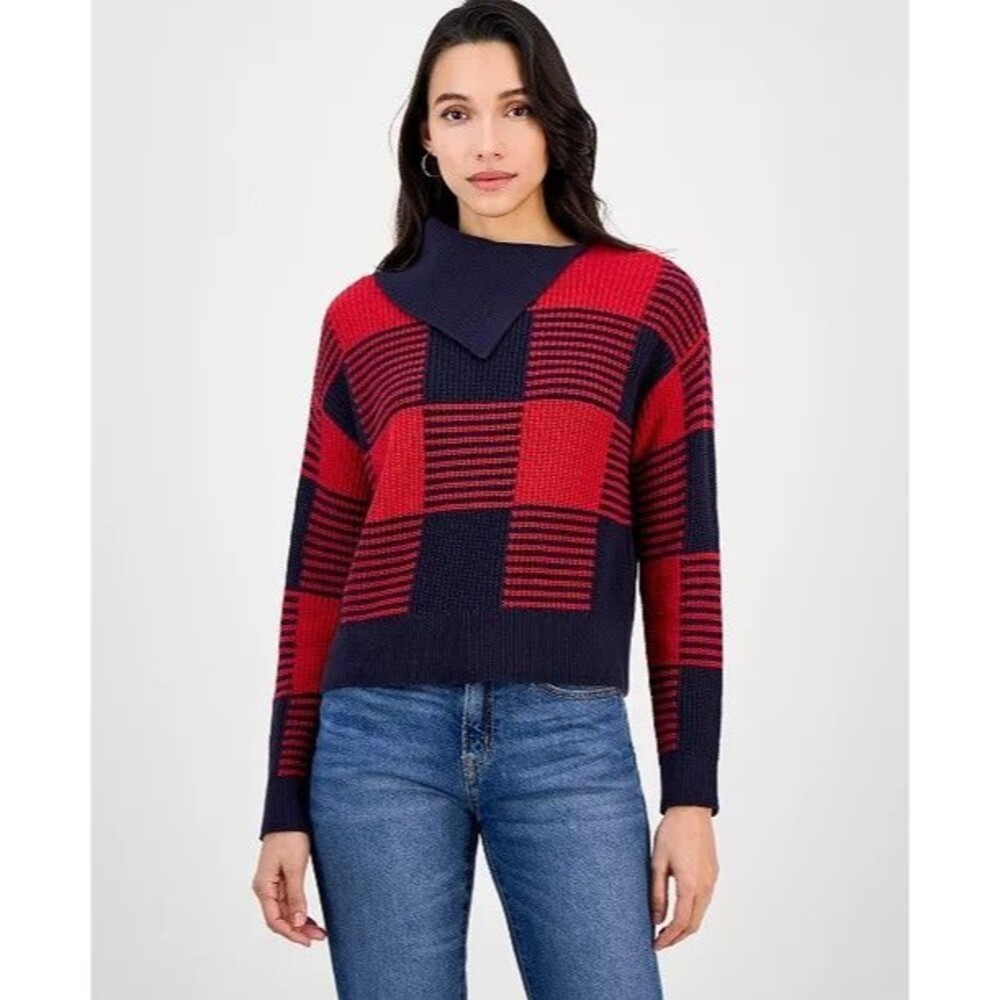 Nautica Jeans Women's Lakeside Cabin Knit Sweater XL Buffalo Check Red Black